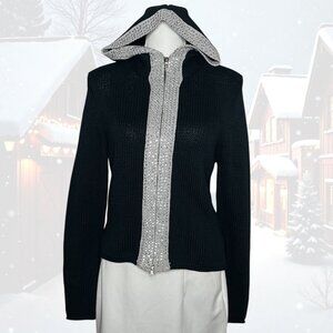 Boston Proper Women's M Black Cotton Knit Hoodie Sweater Sequin Zip Y2K Office